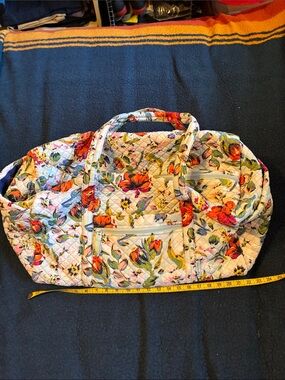 Vera Bradley Quilted Floral Travel Tote in blue with Orange and Pink Blooms